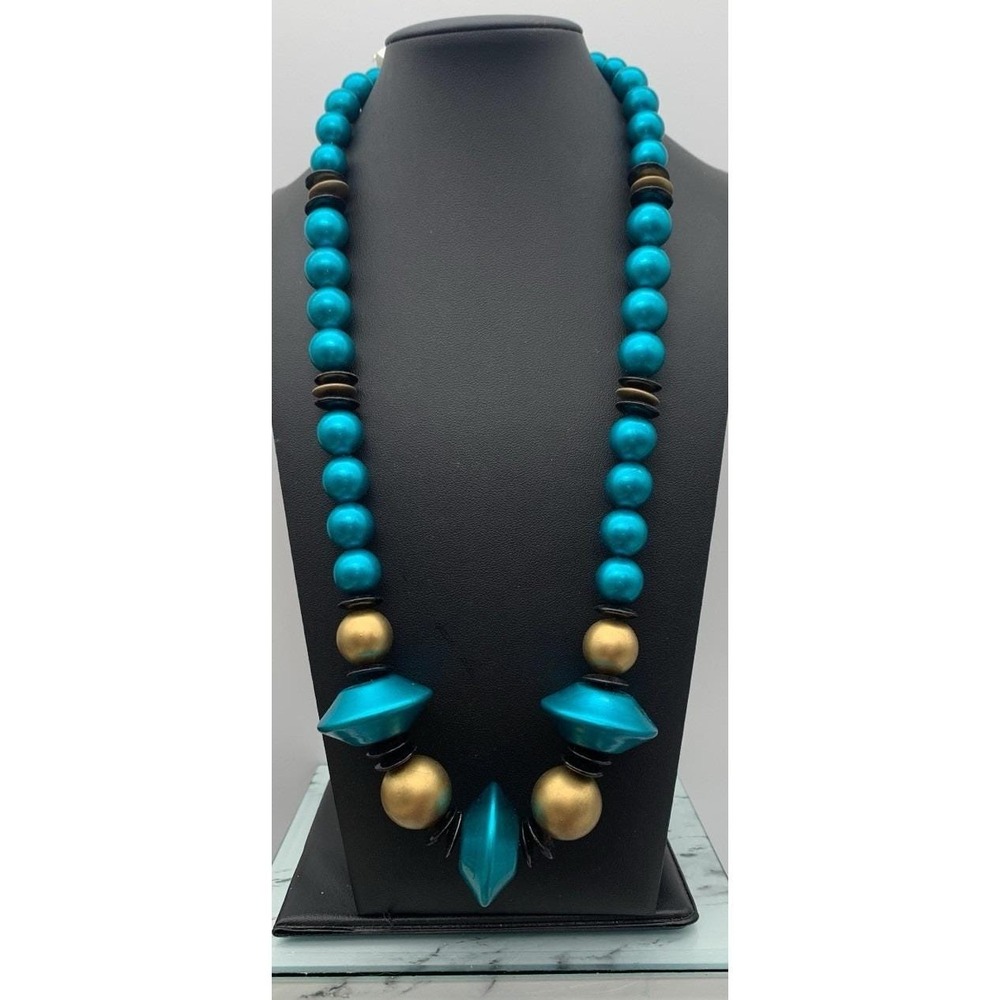 Vintage New Old Stock Made In Hong Kong Chunky Teal Blue & Gold Necklace 22"